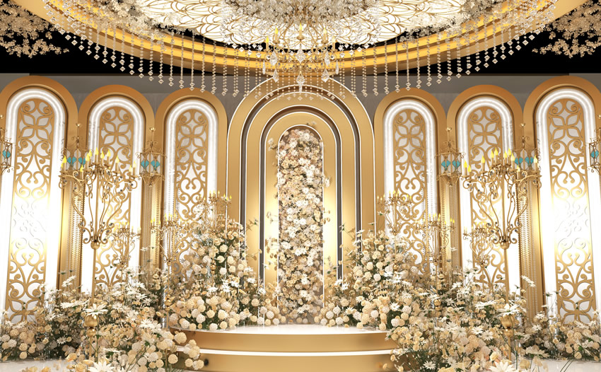 思茅香槟色调婚礼堂效果展示